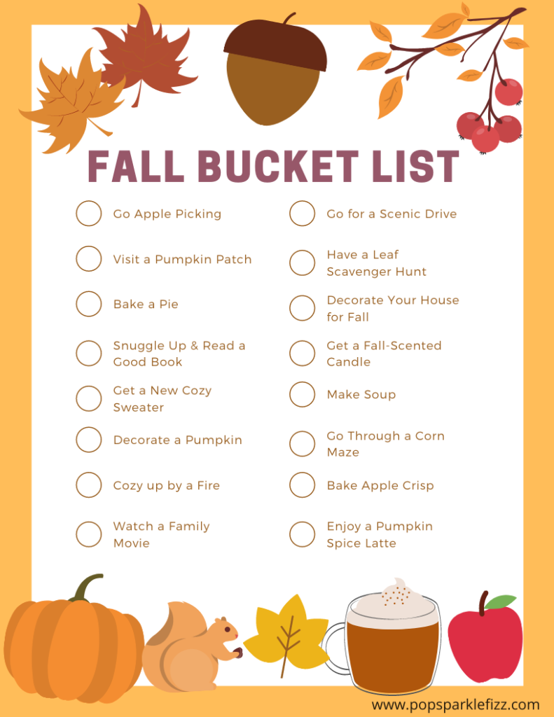 fall bucket list, fall printable, autumn fun list, fall check list, pumpkin patch, family fall fun.